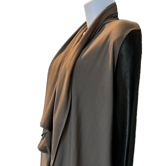 Open Front Draped Jacket with Leather Sleeve Detail - Picture 4 of 6